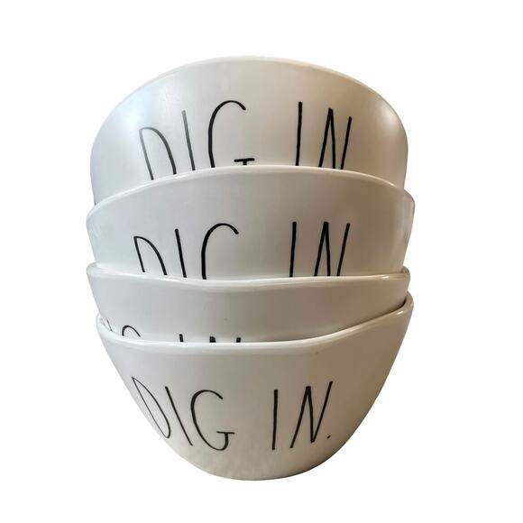 RAE DUNN Set of 4 Melamine DIG IN 6in Salad Bowls Black White Indoor Outdoor NEW - Picture 1 of 10